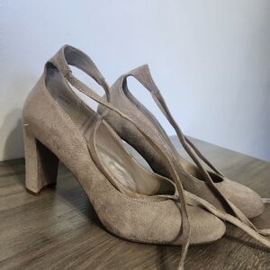 Gray Faux Suede Ballerina Lace Up Heels